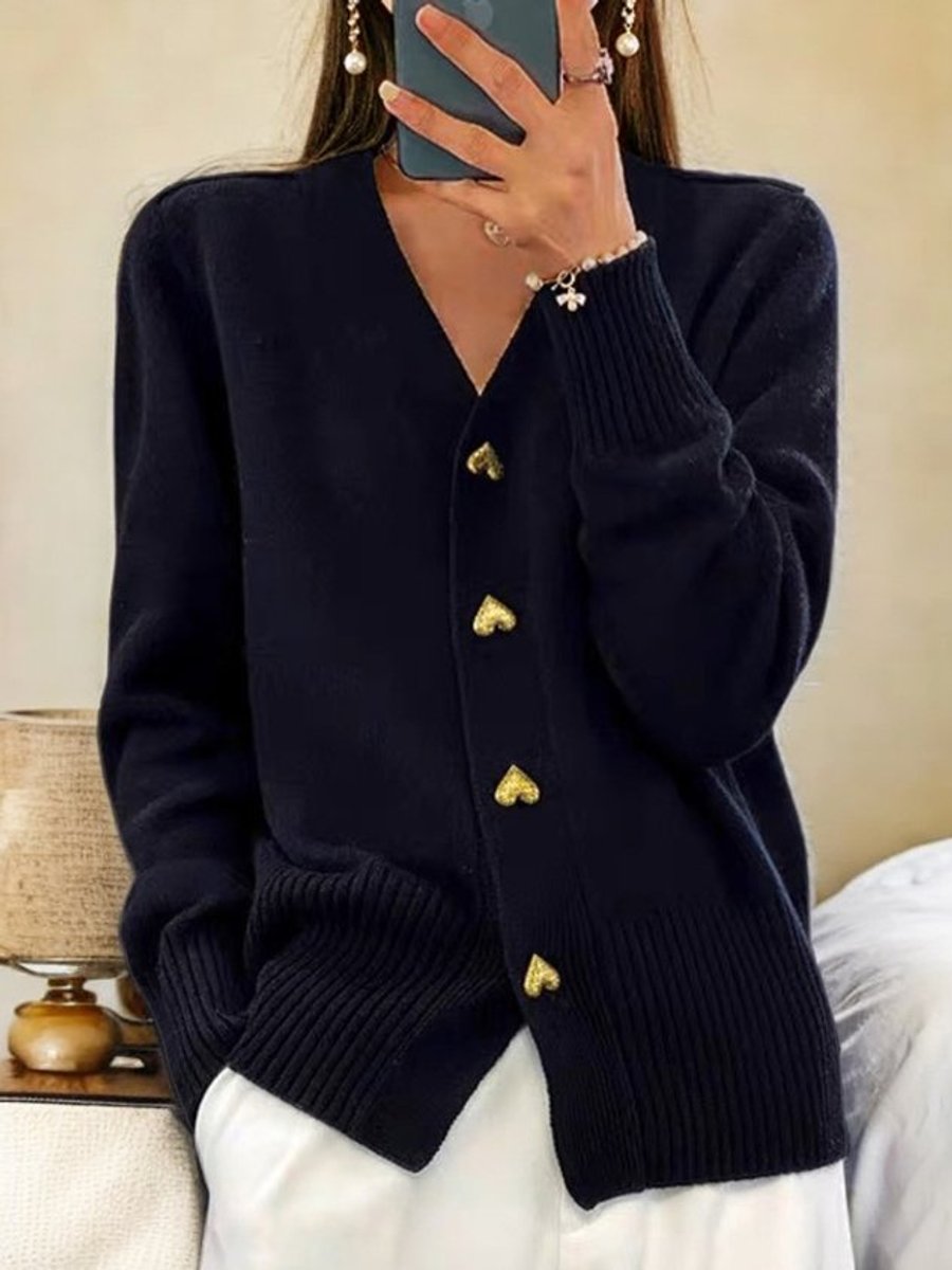 Women's Relaxed-Fit V-Neck Gold Heart-Button Knit Cardigan - Black