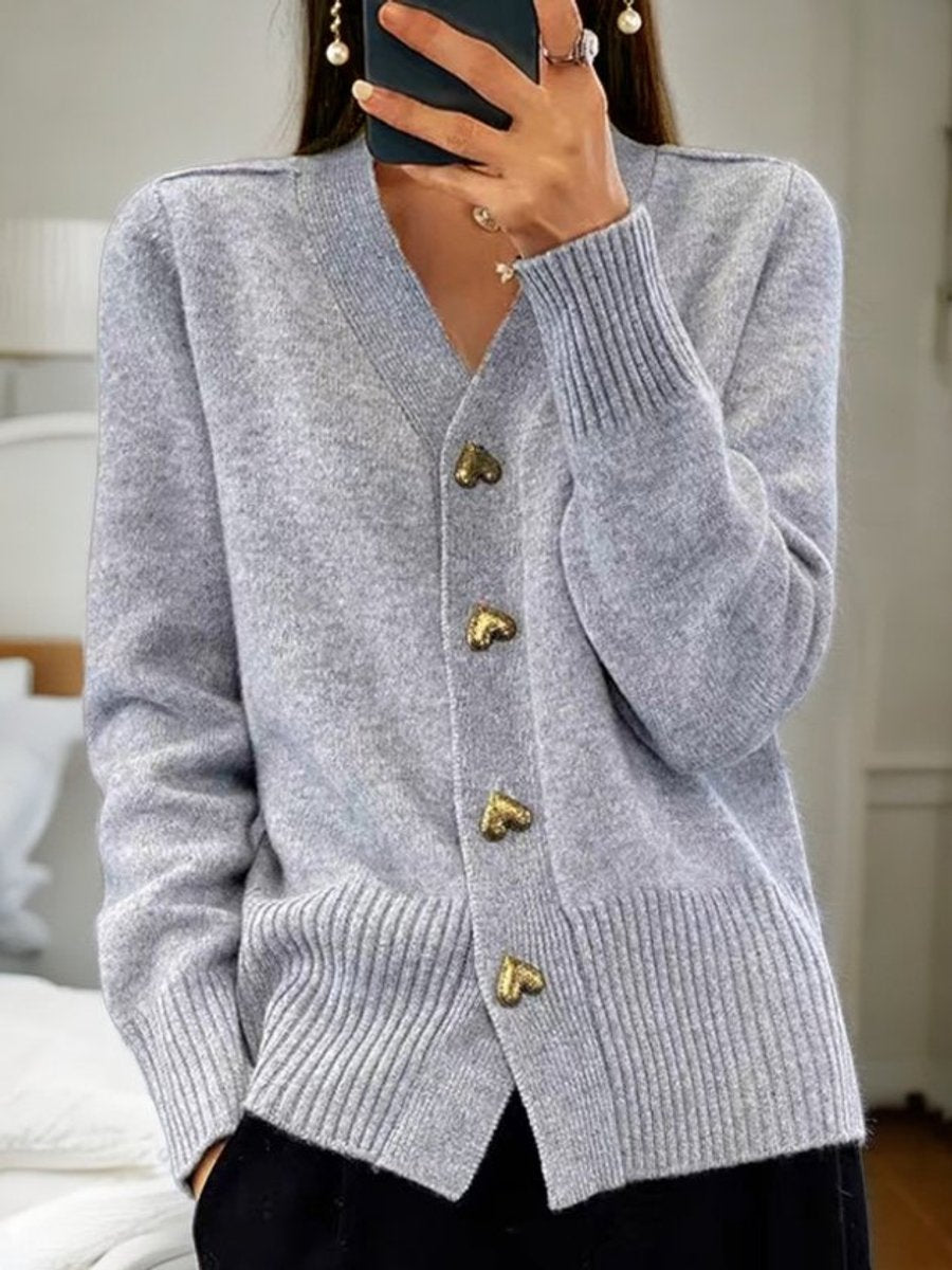 Women's Relaxed-Fit V-Neck Gold Heart-Button Knit Cardigan - Grey