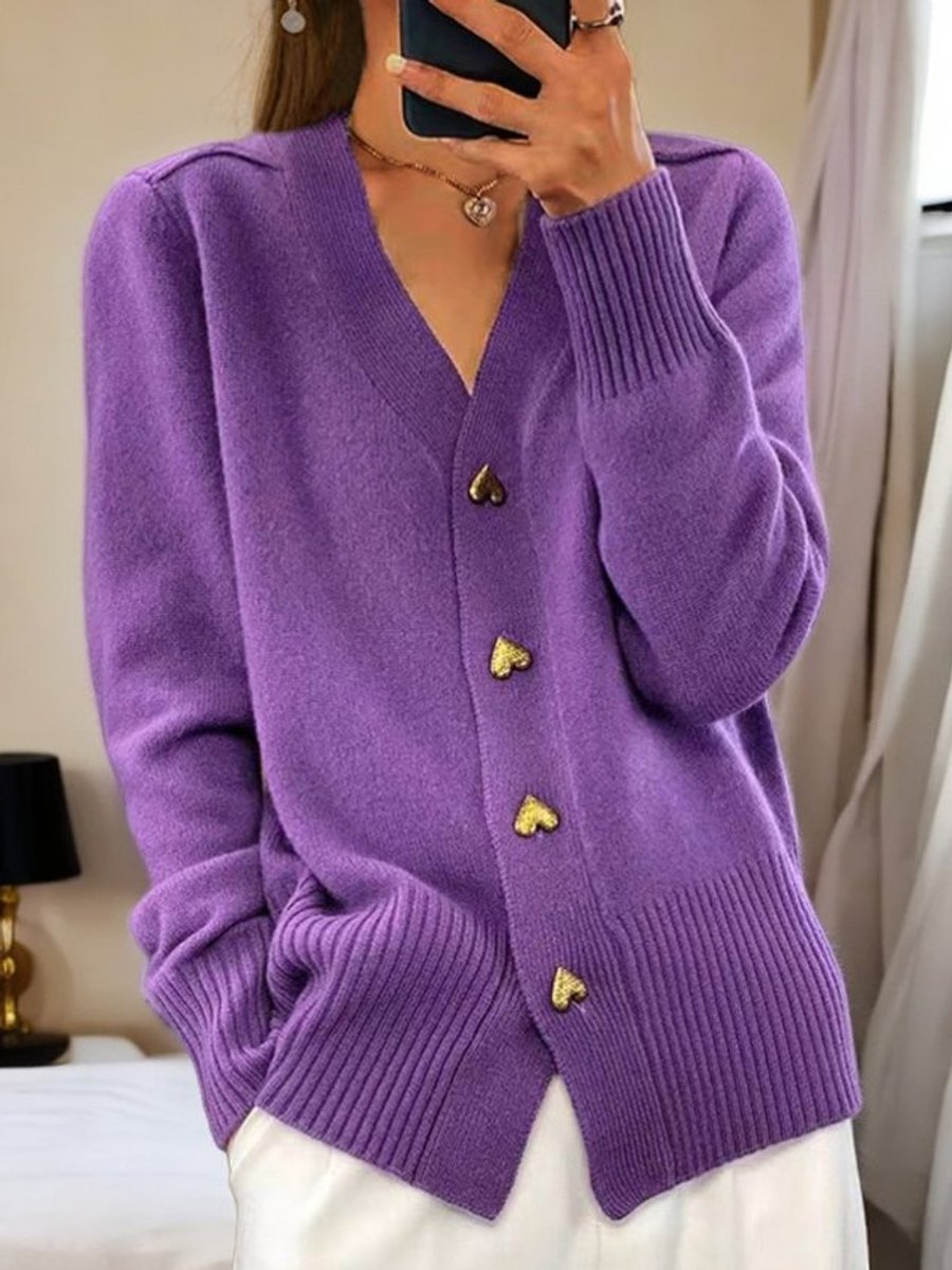 Women's Relaxed-Fit V-Neck Gold Heart-Button Knit Cardigan - Violet