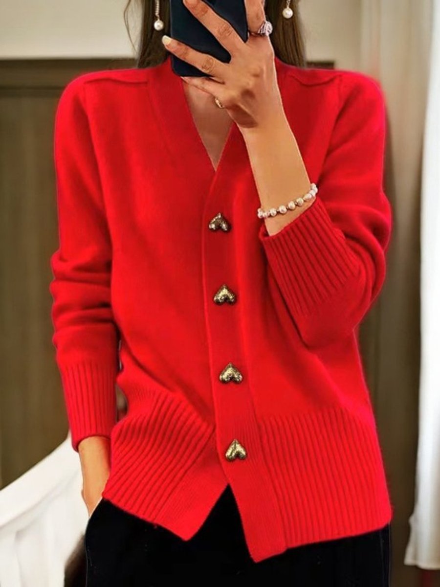 Women's Relaxed-Fit V-Neck Gold Heart-Button Knit Cardigan - Red