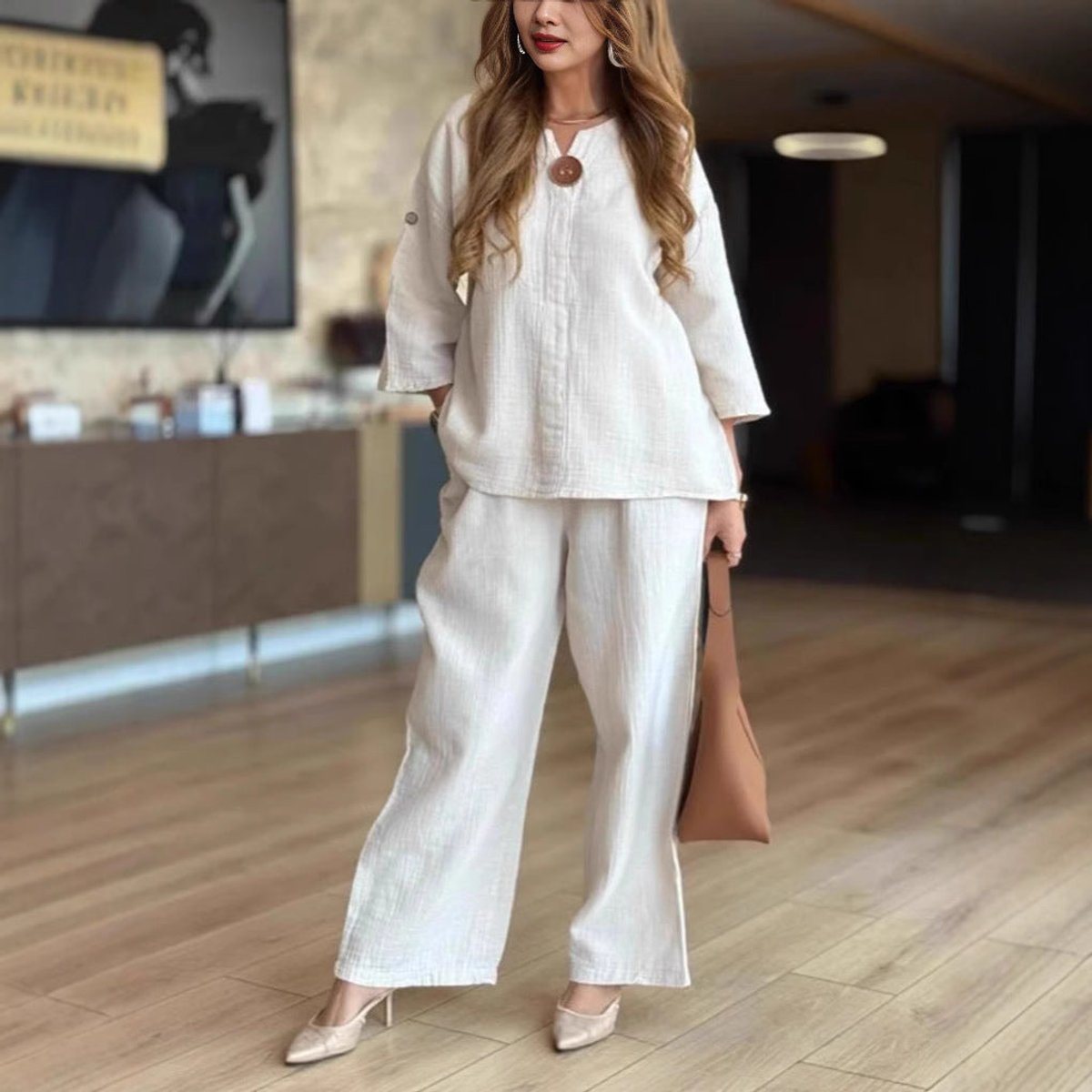 Women's Relaxed Linen-Look Tunic Wide-Leg Palazzo Pants Set