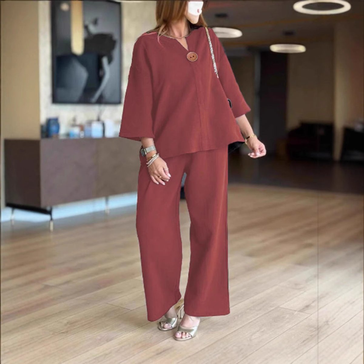 Women's Relaxed Linen-Look Tunic Wide-Leg Palazzo Pants Set - Bordeaux