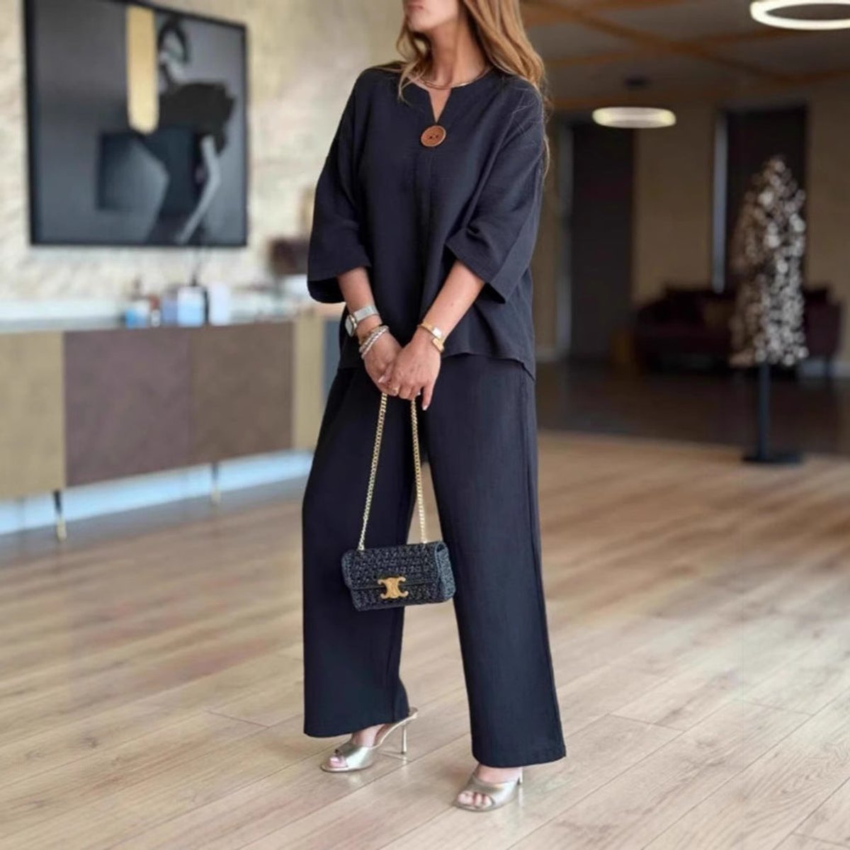 Women's Relaxed Linen-Look Tunic Wide-Leg Palazzo Pants Set