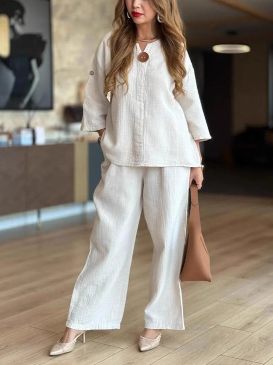 Women's Relaxed Linen-Look Tunic Wide-Leg Palazzo Pants Set - Weiß