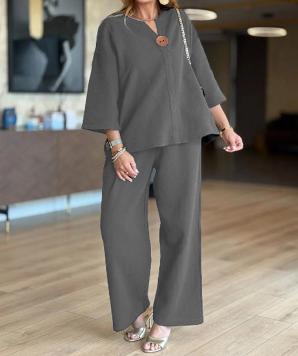 Women's Relaxed Linen-Look Tunic Wide-Leg Palazzo Pants Set - Grau