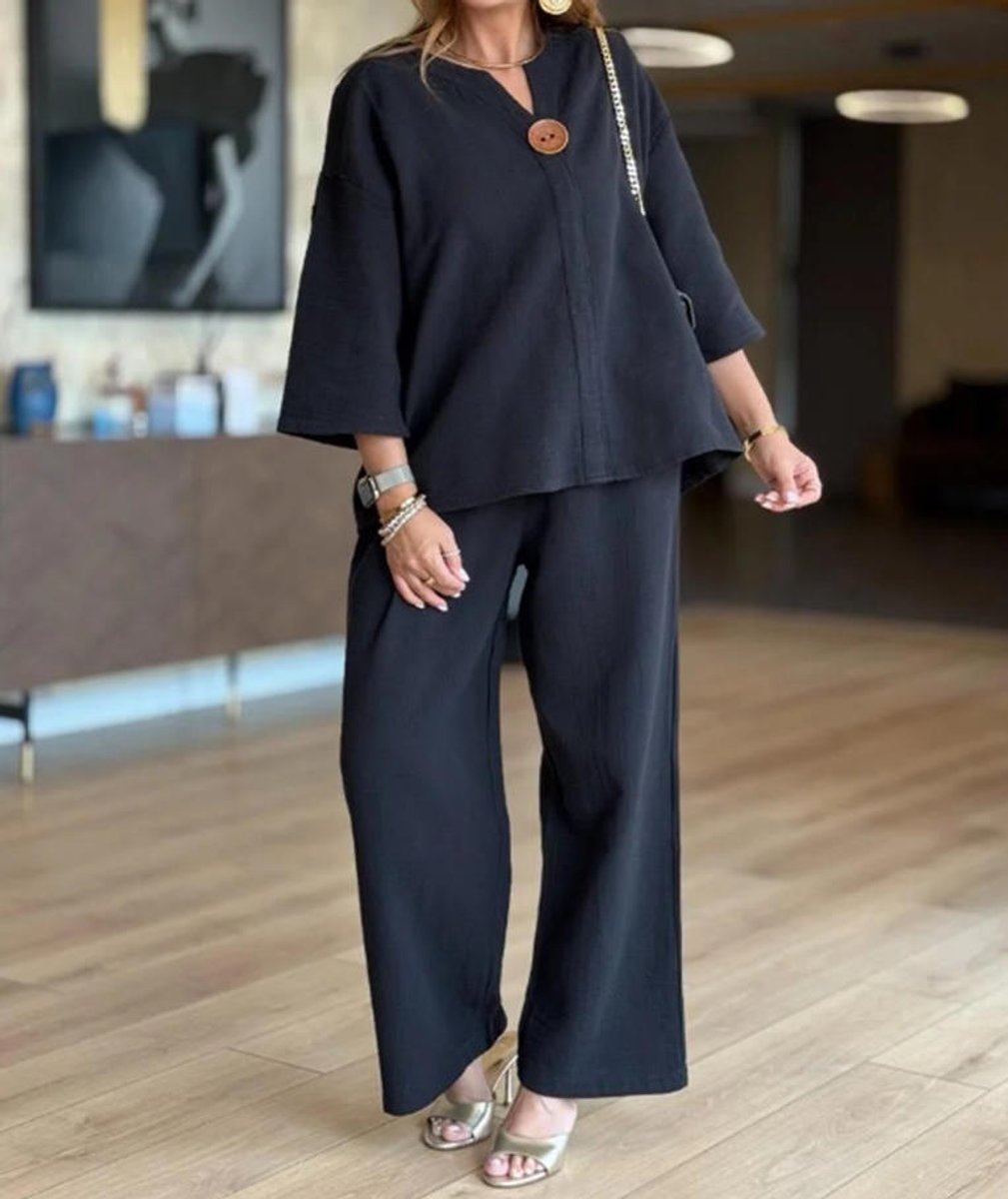 Women's Relaxed Linen-Look Tunic Wide-Leg Palazzo Pants Set - Schwarz