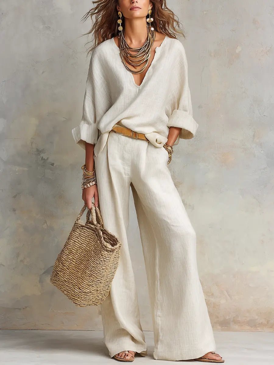 Women's Relaxed V-Neck Long Sleeve Wide Leg Pants Two-Piece Set - White