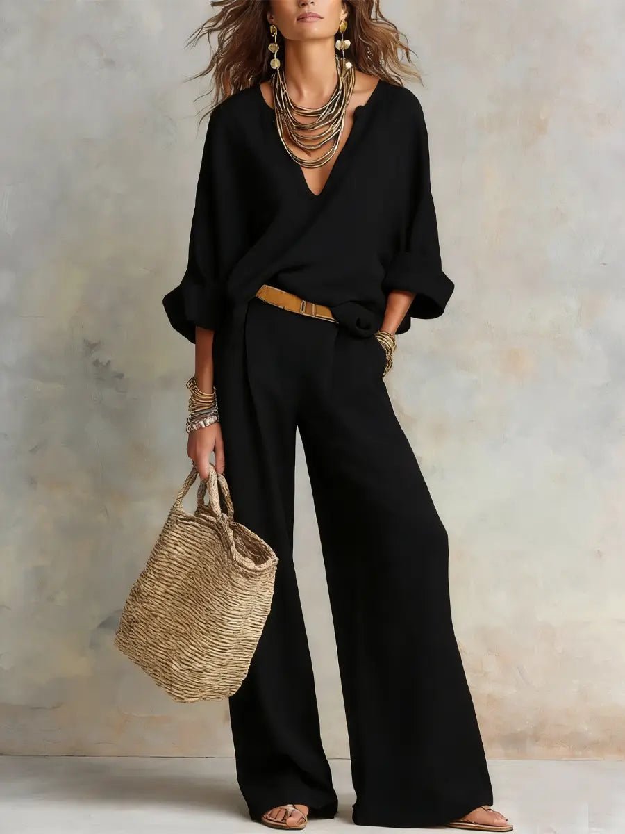 Women's Relaxed V-Neck Long Sleeve Wide Leg Pants Two-Piece Set - Black