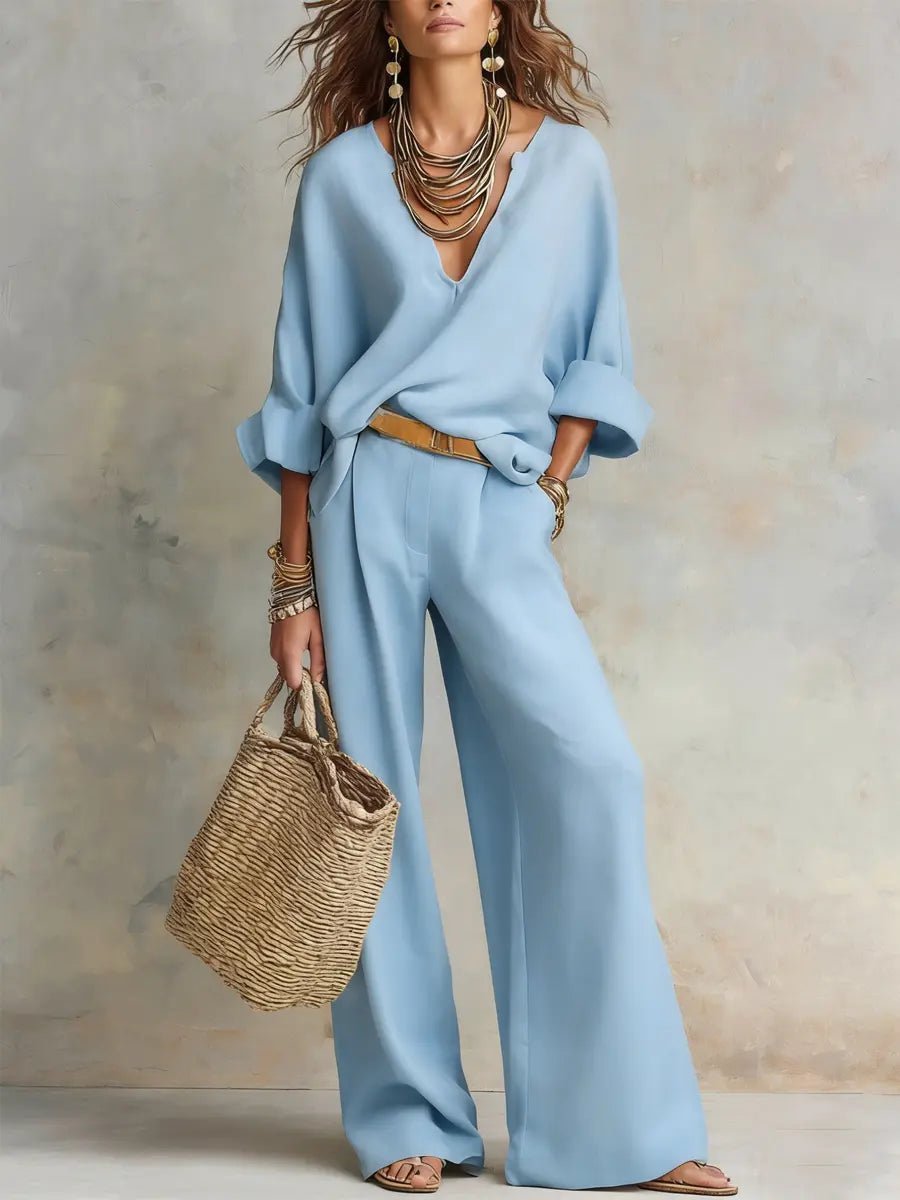 Women's Relaxed V-Neck Long Sleeve Wide Leg Pants Two-Piece Set - Blue