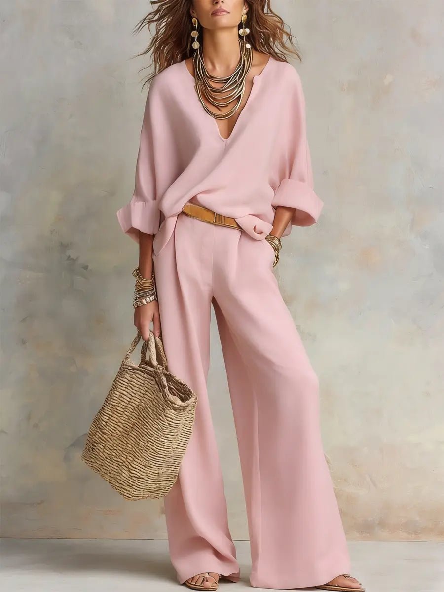 Women's Relaxed V-Neck Long Sleeve Wide Leg Pants Two-Piece Set - Pink