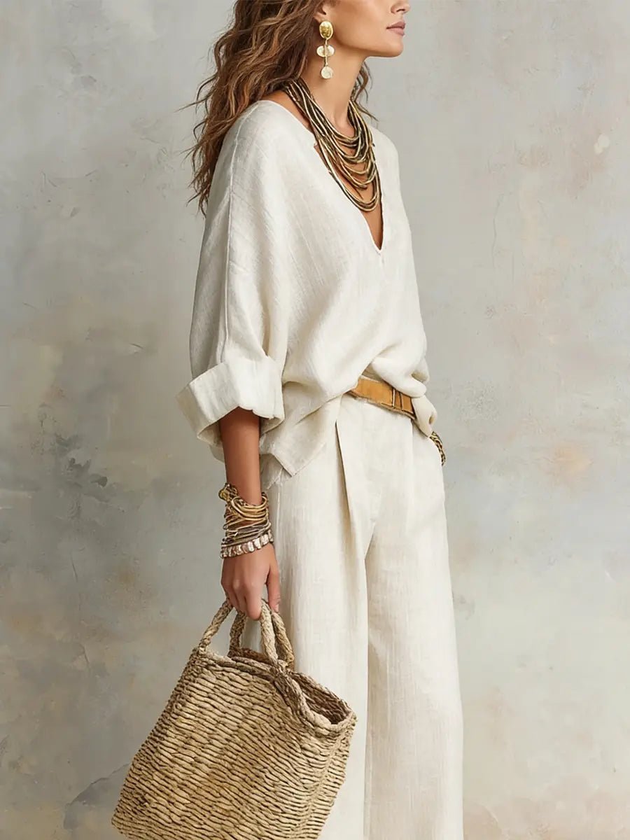 Women's Relaxed V-Neck Long Sleeve Wide Leg Pants Two-Piece Set