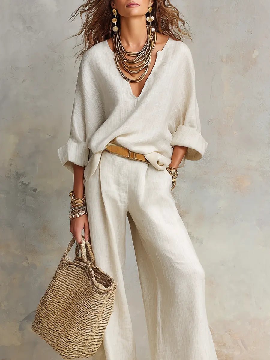 Women's Relaxed V-Neck Long Sleeve Wide Leg Pants Two-Piece Set