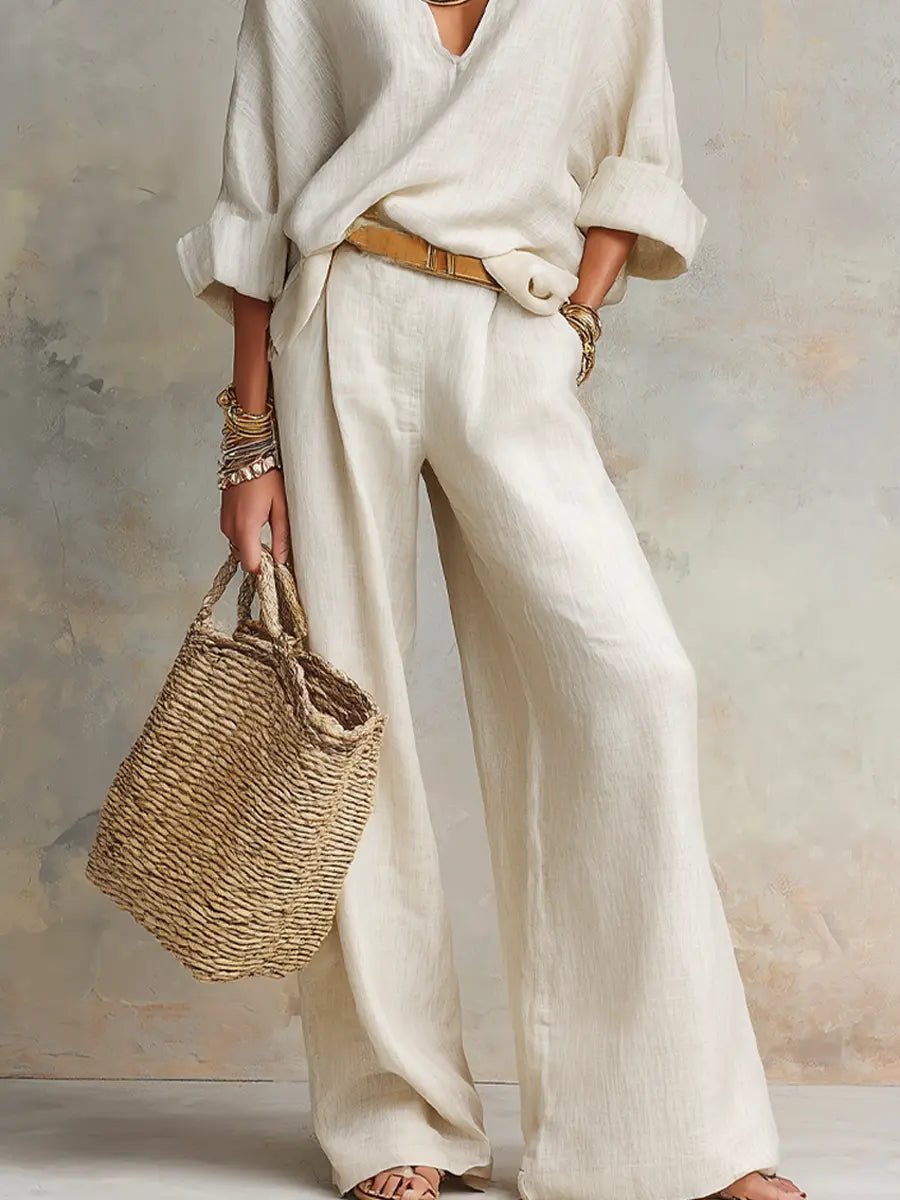 Women's Relaxed V-Neck Long Sleeve Wide Leg Pants Two-Piece Set