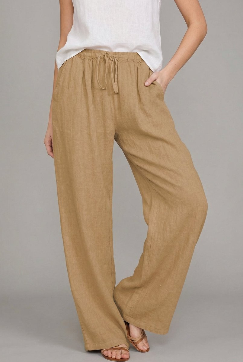 Women's Relaxed Wide Leg Pants Linen Drawstring Waist - Khaki