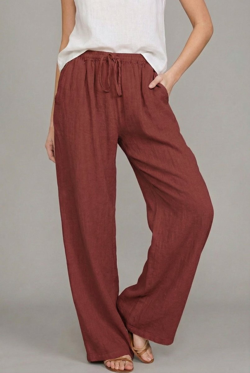 Women's Relaxed Wide Leg Pants Linen Drawstring Waist - Wine Red