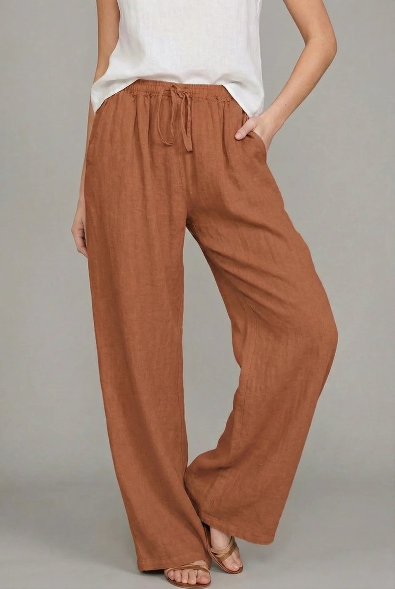 Women's Relaxed Wide Leg Pants Linen Drawstring Waist - Orange