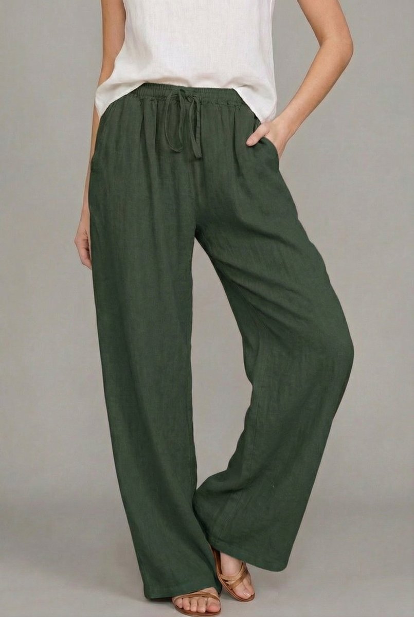 Women's Relaxed Wide Leg Pants Linen Drawstring Waist - Green