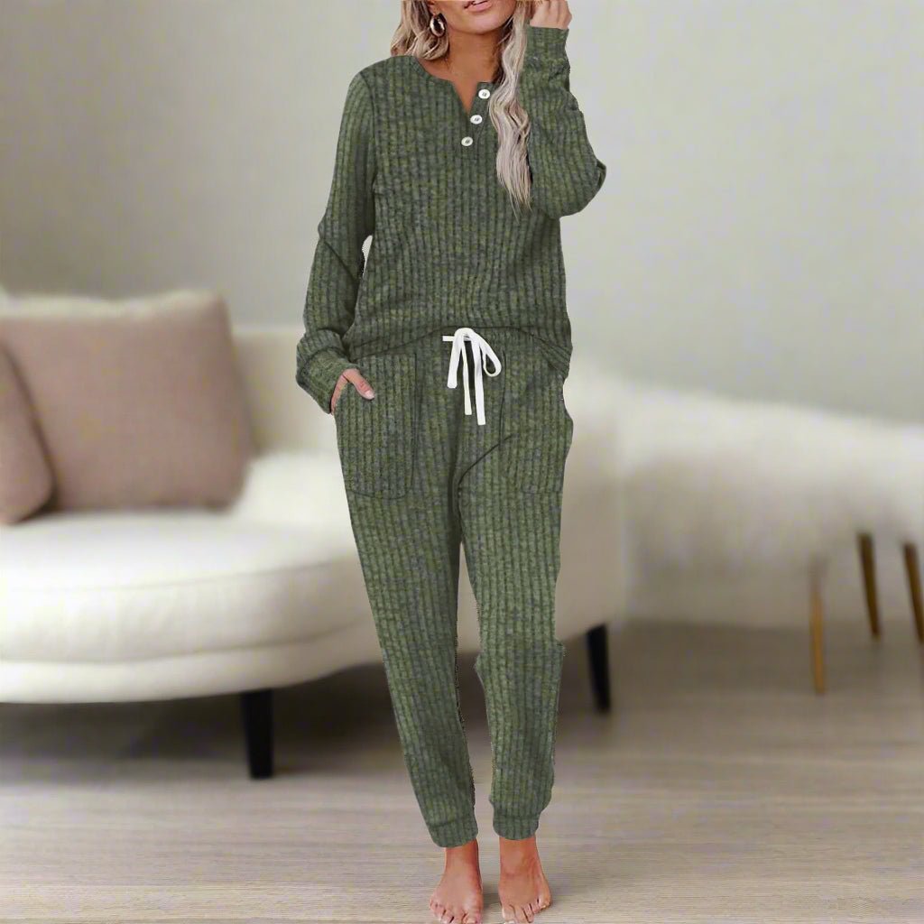 Women's Ribbed Long-Sleeve Button-Henley Drawstring Loungewear Set - Leaf Green