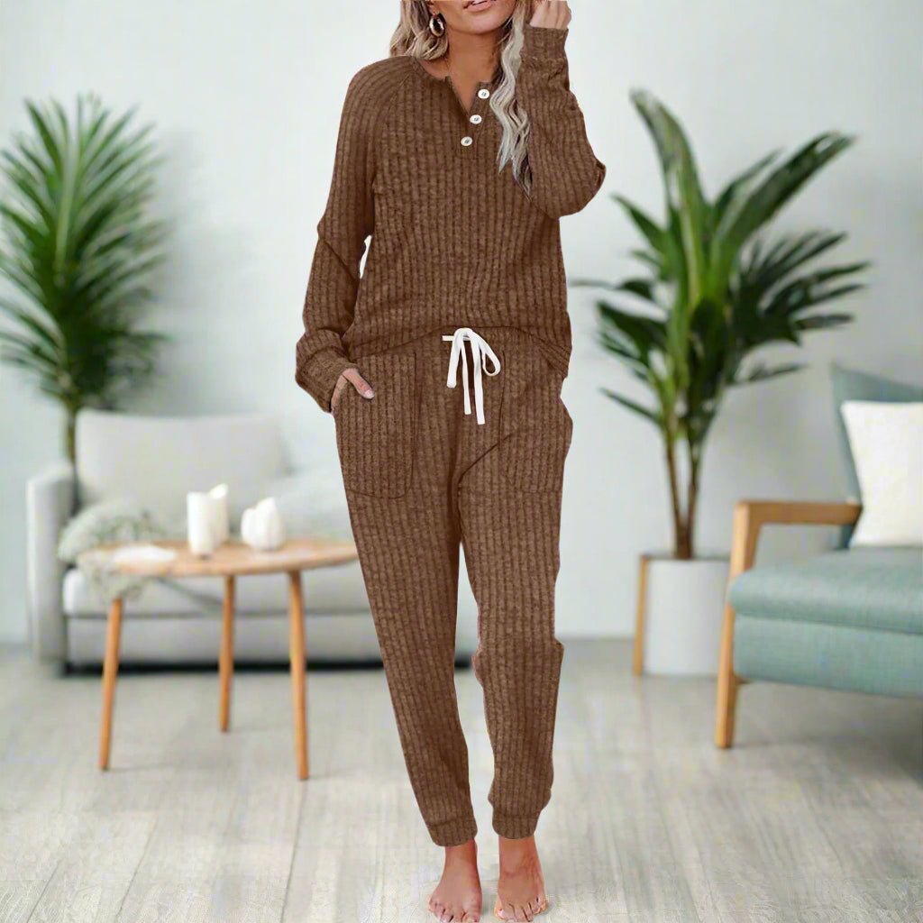 Women's Ribbed Long-Sleeve Button-Henley Drawstring Loungewear Set
