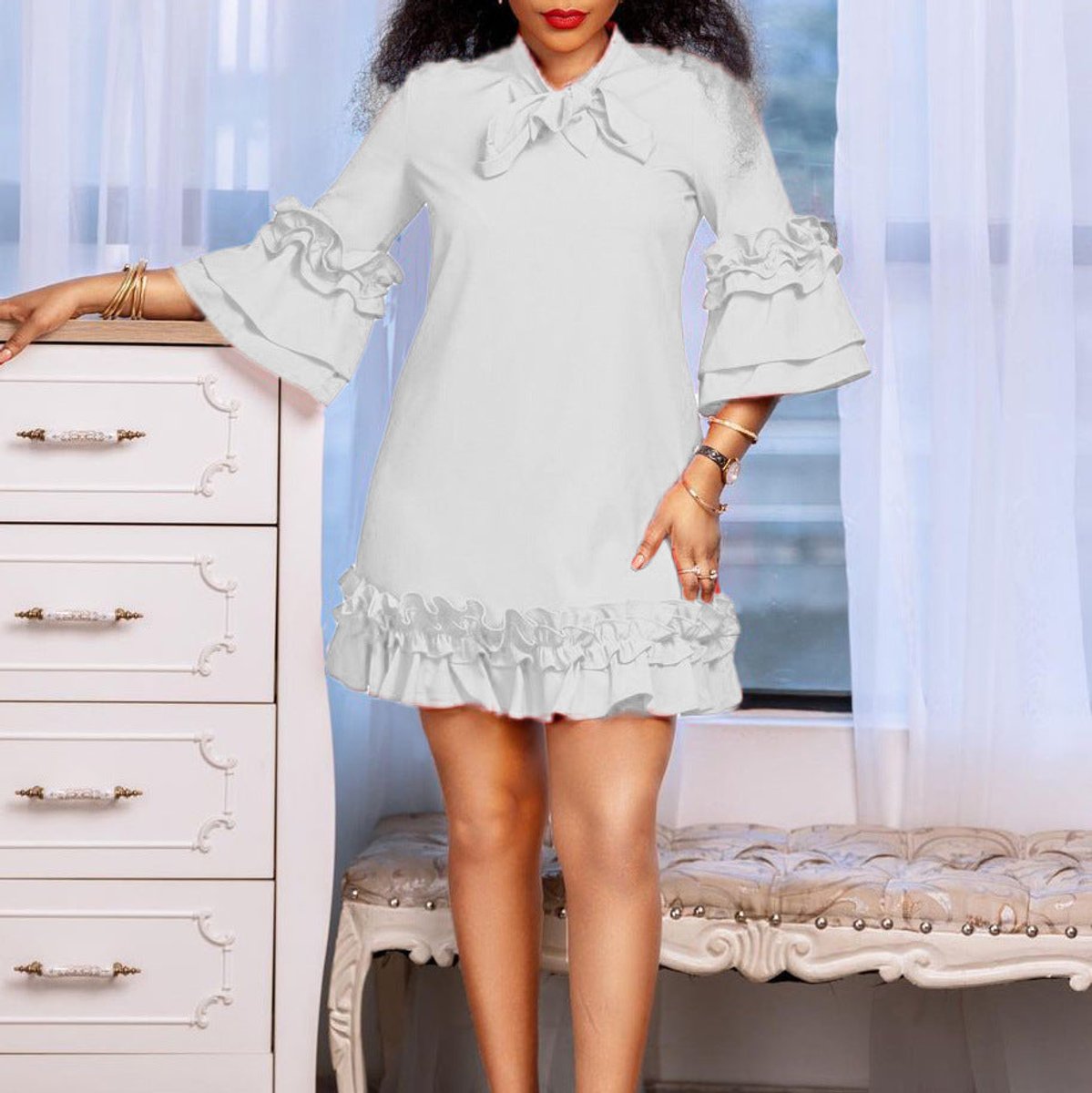 Women's Ruffle Bow-Tie Neck 3/4 Sleeve Tunic Mini Dress