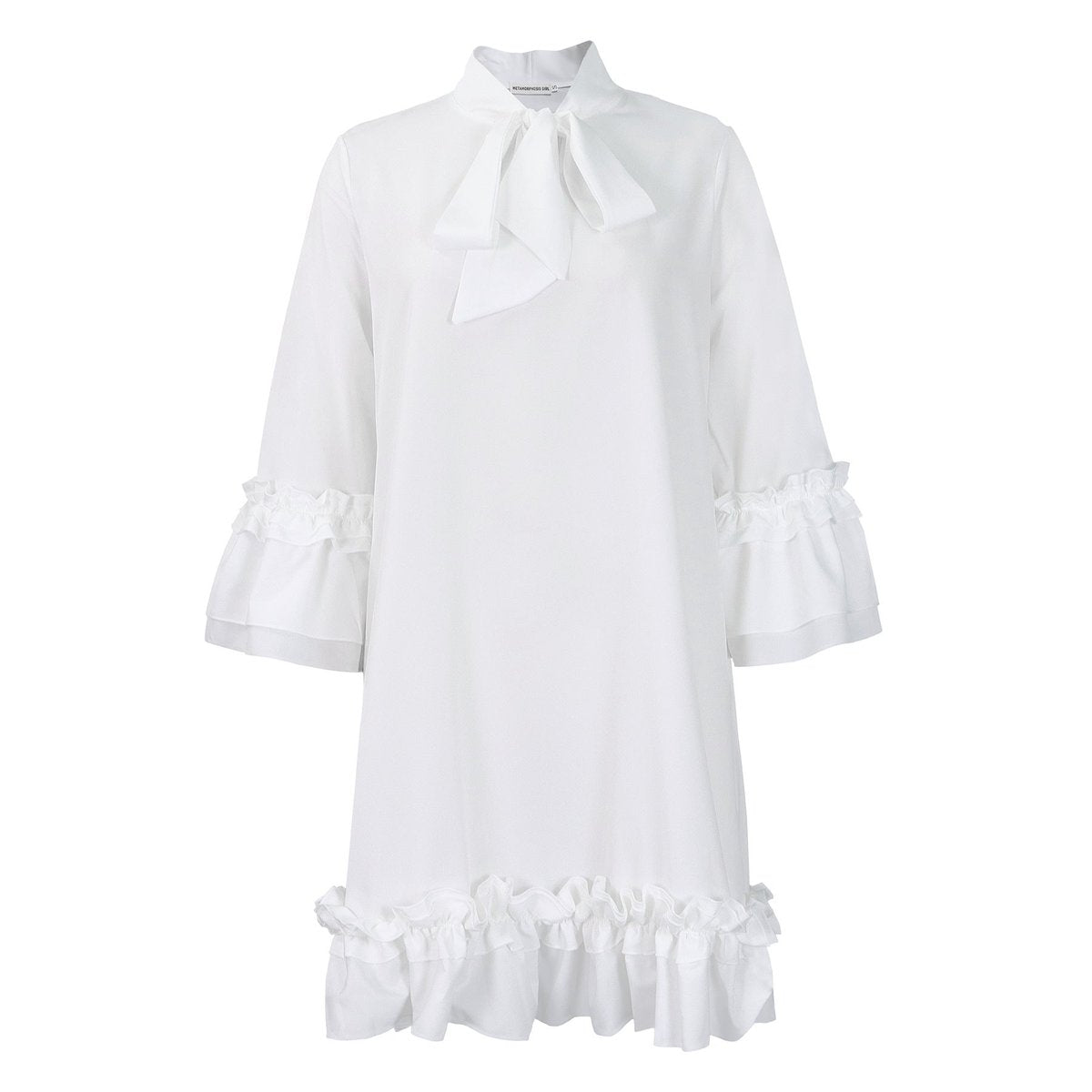 Women's Ruffle Bow-Tie Neck 3/4 Sleeve Tunic Mini Dress - Weiß