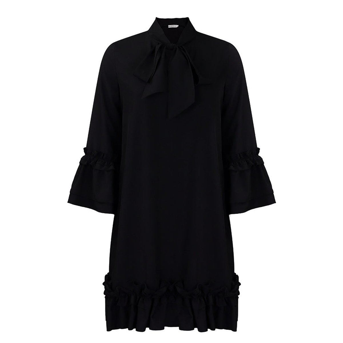 Women's Ruffle Bow-Tie Neck 3/4 Sleeve Tunic Mini Dress - Schwarz