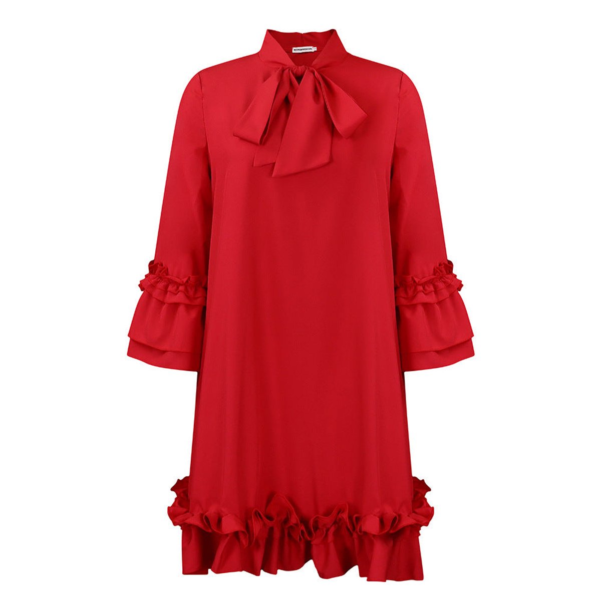 Women's Ruffle Bow-Tie Neck 3/4 Sleeve Tunic Mini Dress - Rot