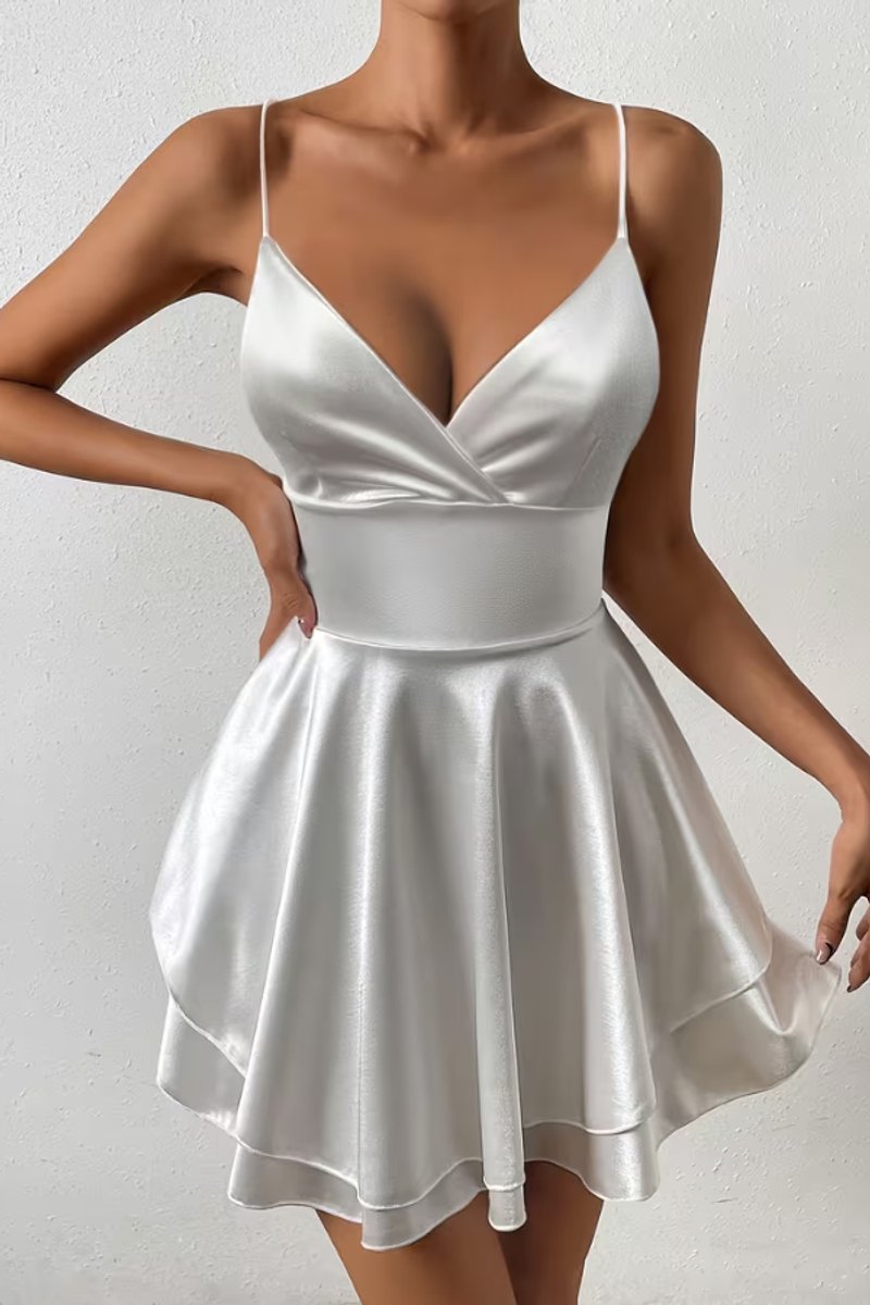 Women's Satin Open-Back V-Neck Skater Cocktail Dress - White