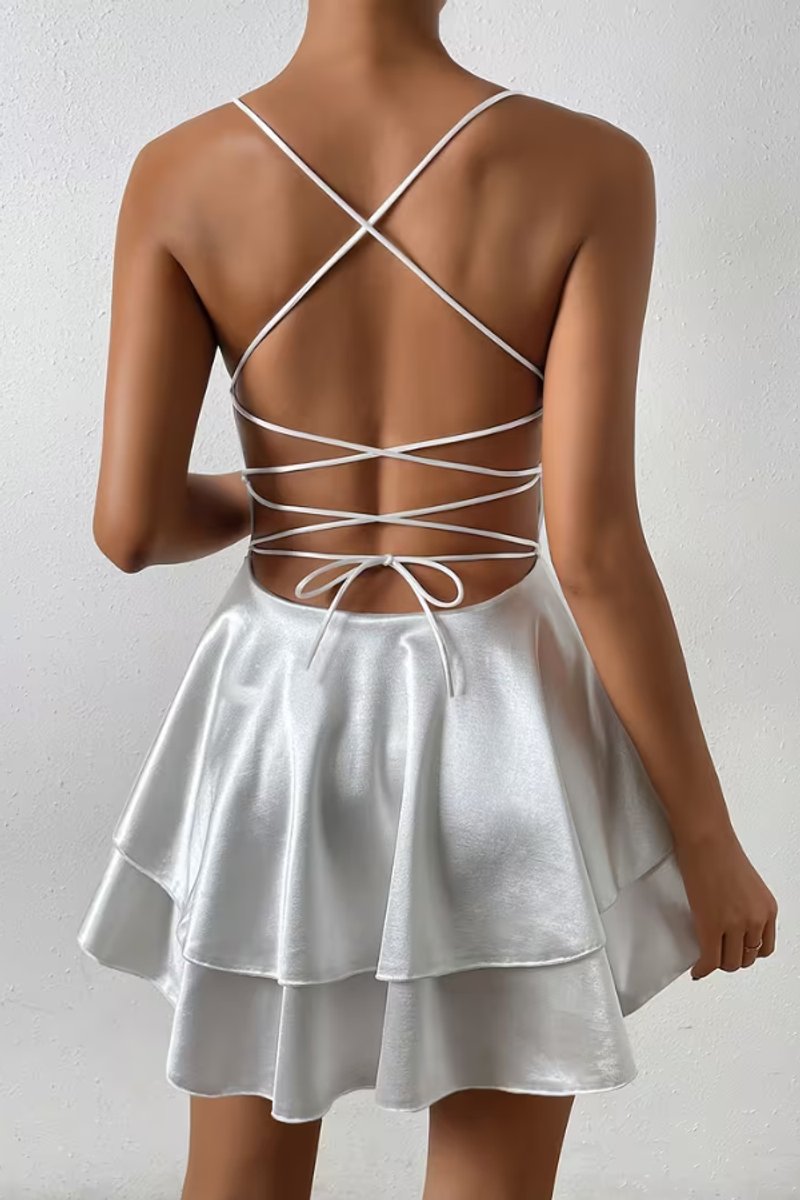 Women's Satin Open-Back V-Neck Skater Cocktail Dress