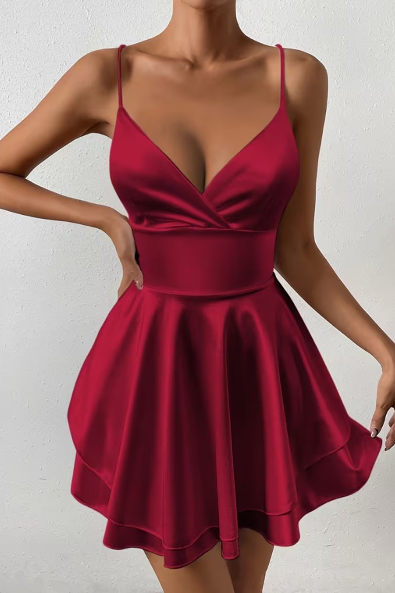 Women's Satin Open-Back V-Neck Skater Cocktail Dress - Burgundy Red