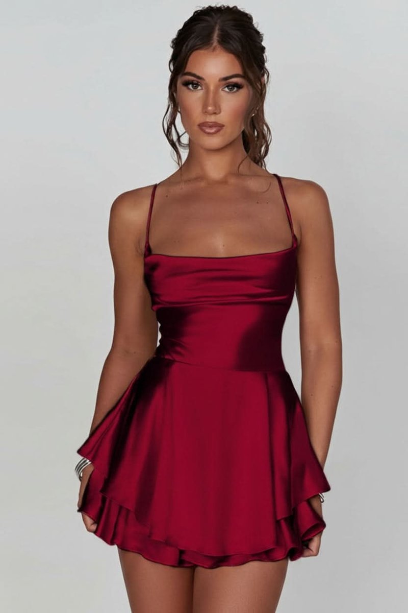 Women's Satin Square-Neck Ruffle Skirt Mini Cocktail Dress - Brick Red
