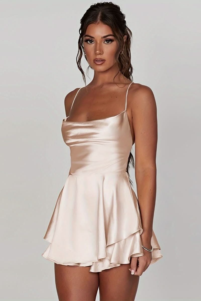 Women's Satin Square-Neck Ruffle Skirt Mini Cocktail Dress - Milky