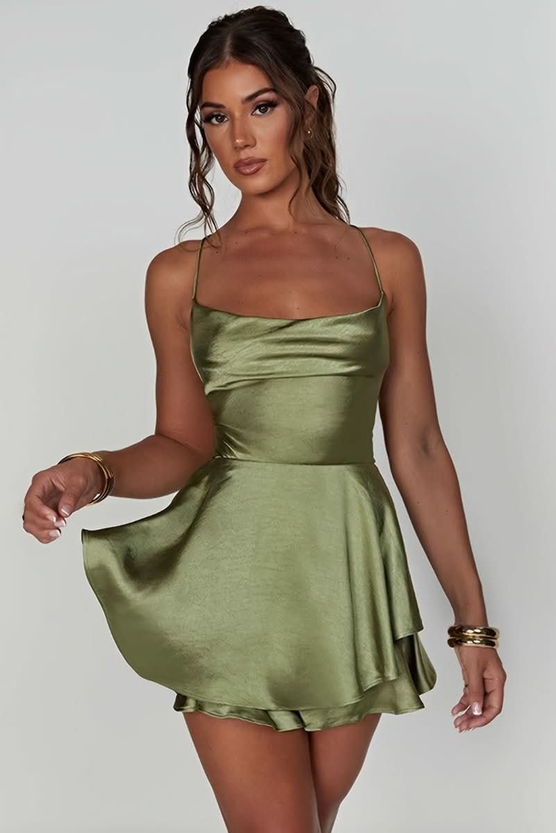 Women's Satin Square-Neck Ruffle Skirt Mini Cocktail Dress - Matcha