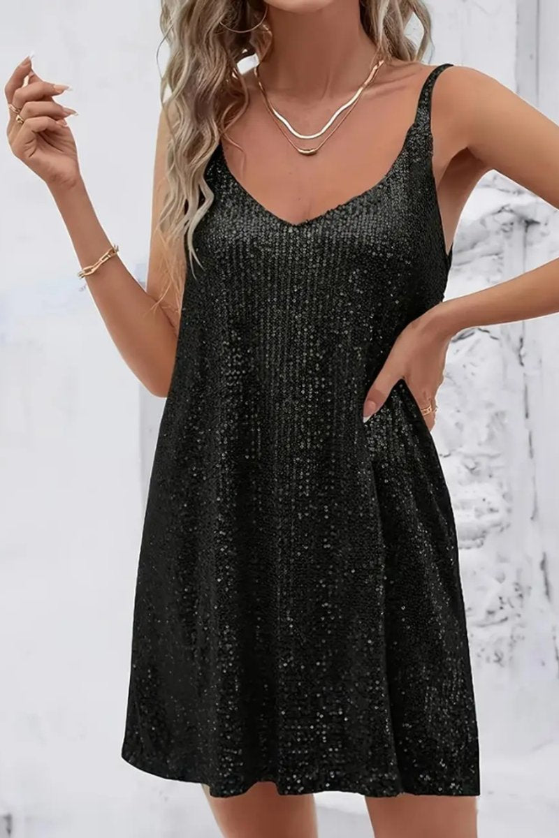 Women's Sequin Sleeveless V-Neck Mini Evening Gown - Black