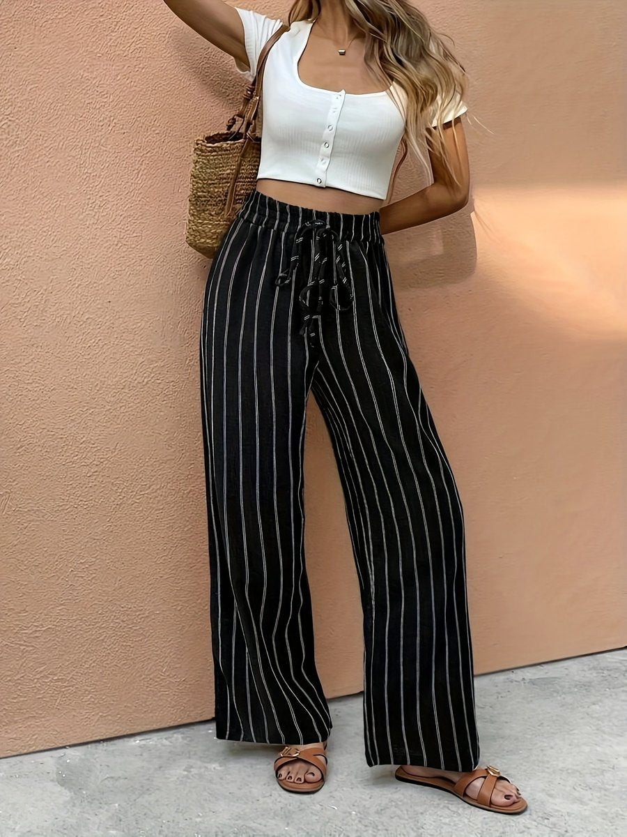 Women's Striped High-Waist Drawstring Wide Leg Pants Linen - Black
