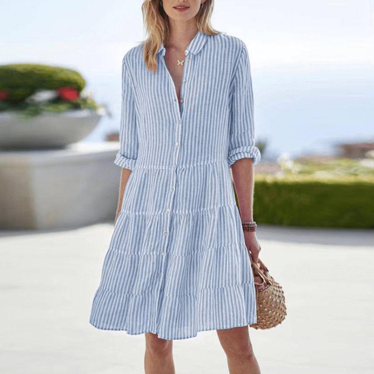 Women's Striped Tiered A-Line Shirt Blouse Dress - Blue