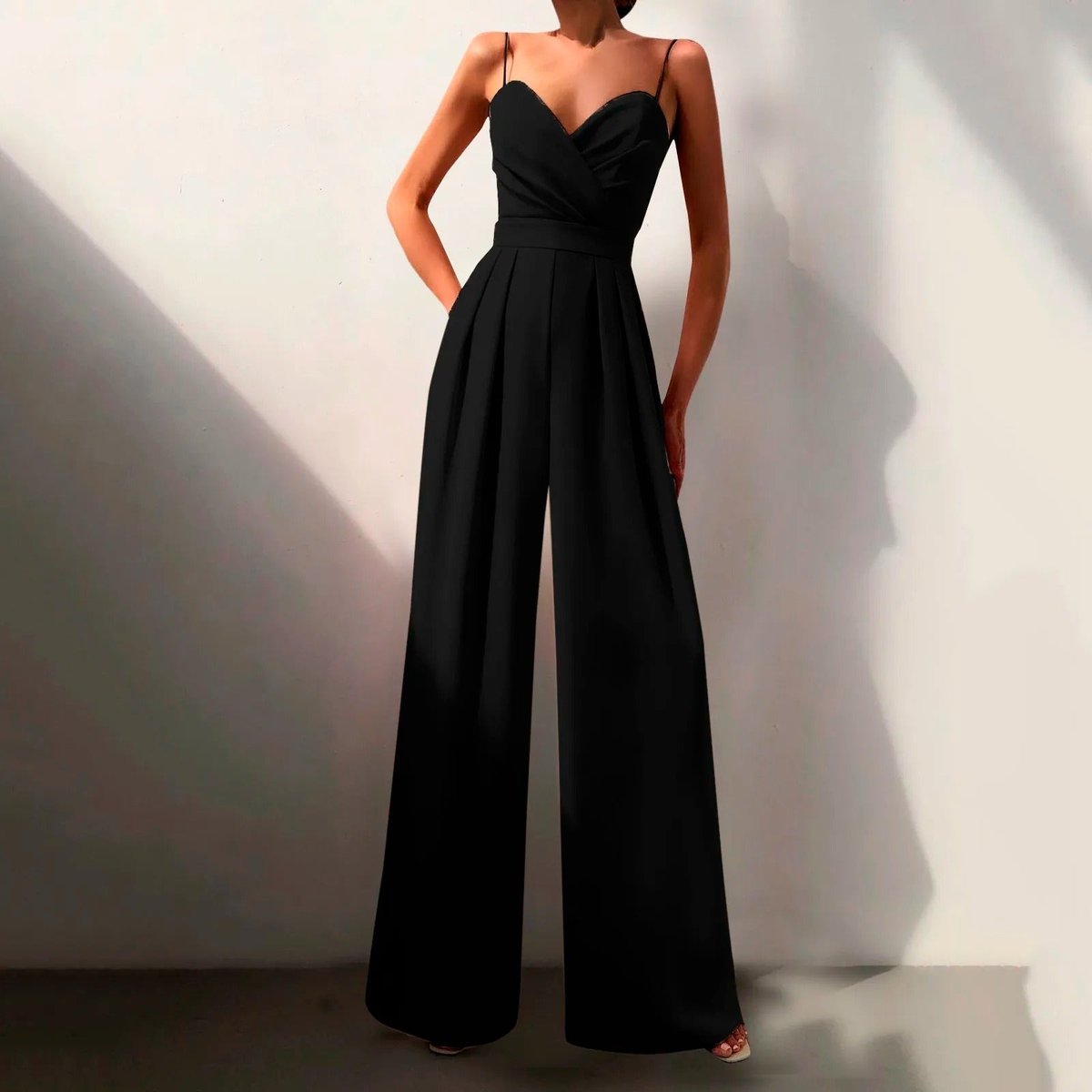Women's Sweetheart Spaghetti Strap Wide Leg Pants Formal Jumpsuit - Black