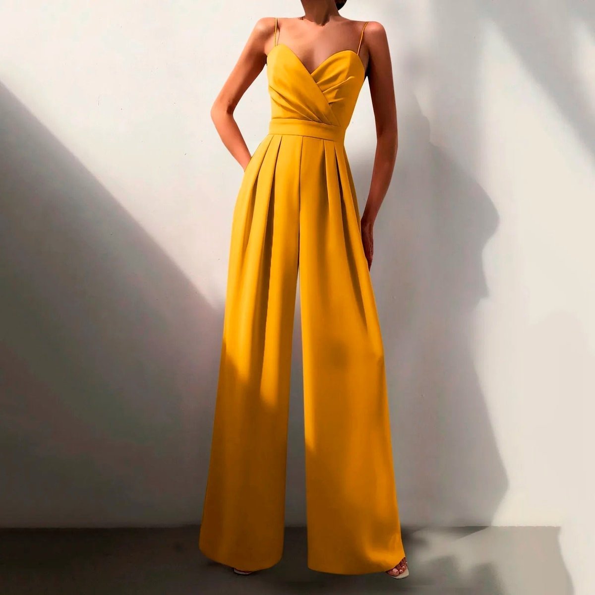 Women's Sweetheart Spaghetti Strap Wide Leg Pants Formal Jumpsuit - Yellow