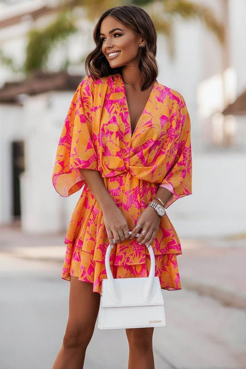 Women's Tropical Print Boho Mini Cocktail Dress Tiered Flared - Orange