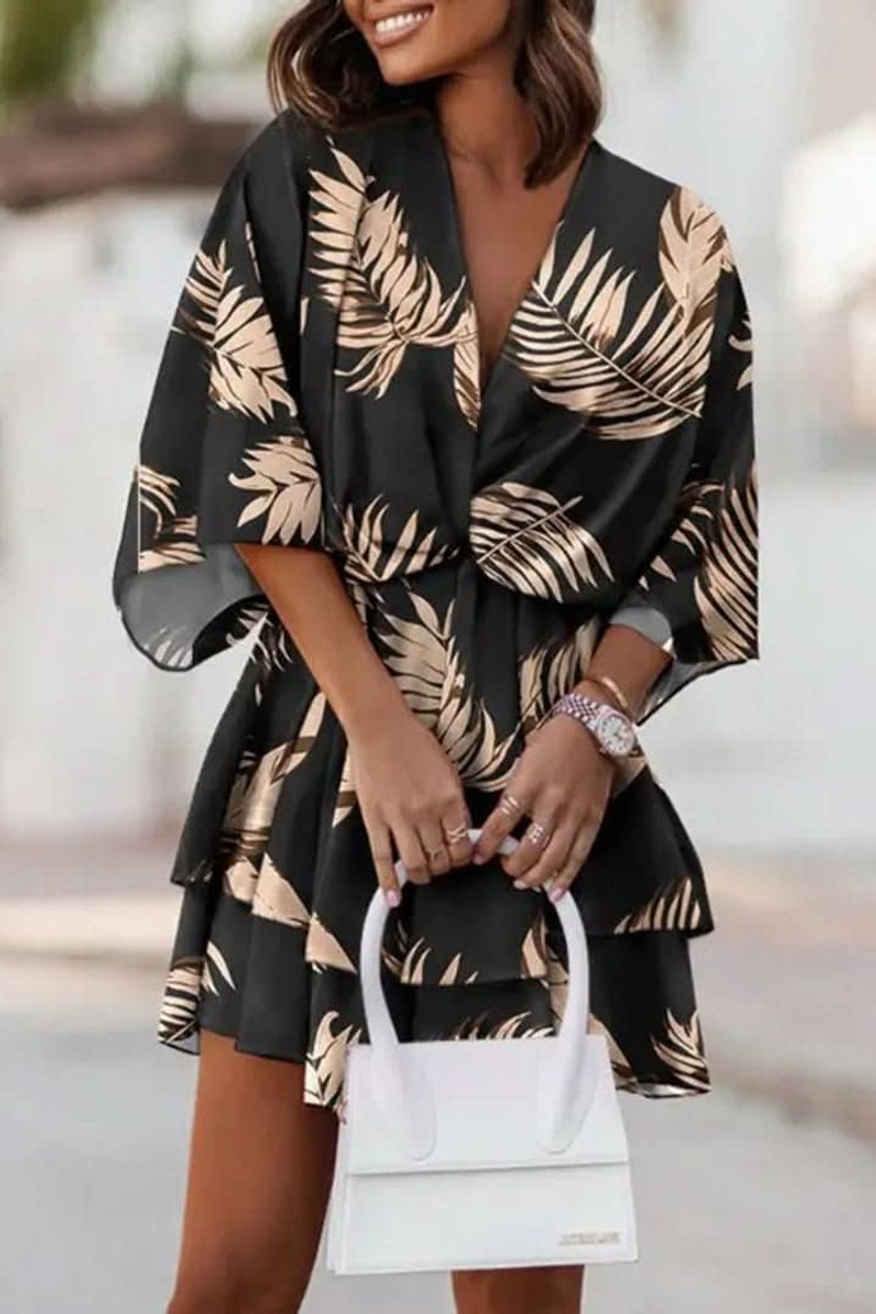 Women's Tropical Print Boho Mini Cocktail Dress Tiered Flared - Black