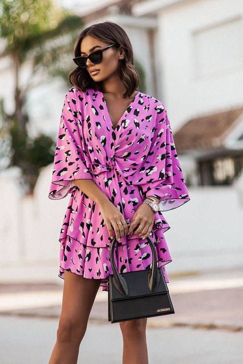 Women's Tropical Print Boho Mini Cocktail Dress Tiered Flared - Pink
