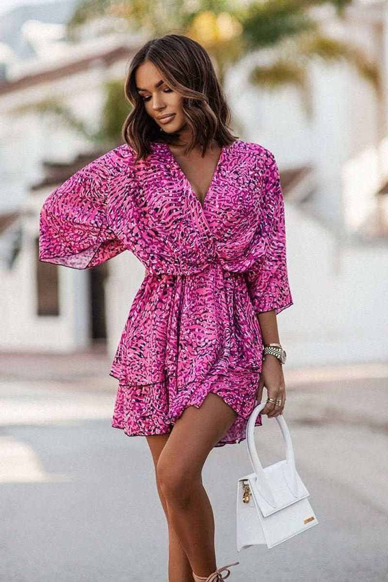 Women's Tropical Print Boho Mini Cocktail Dress Tiered Flared - Purple