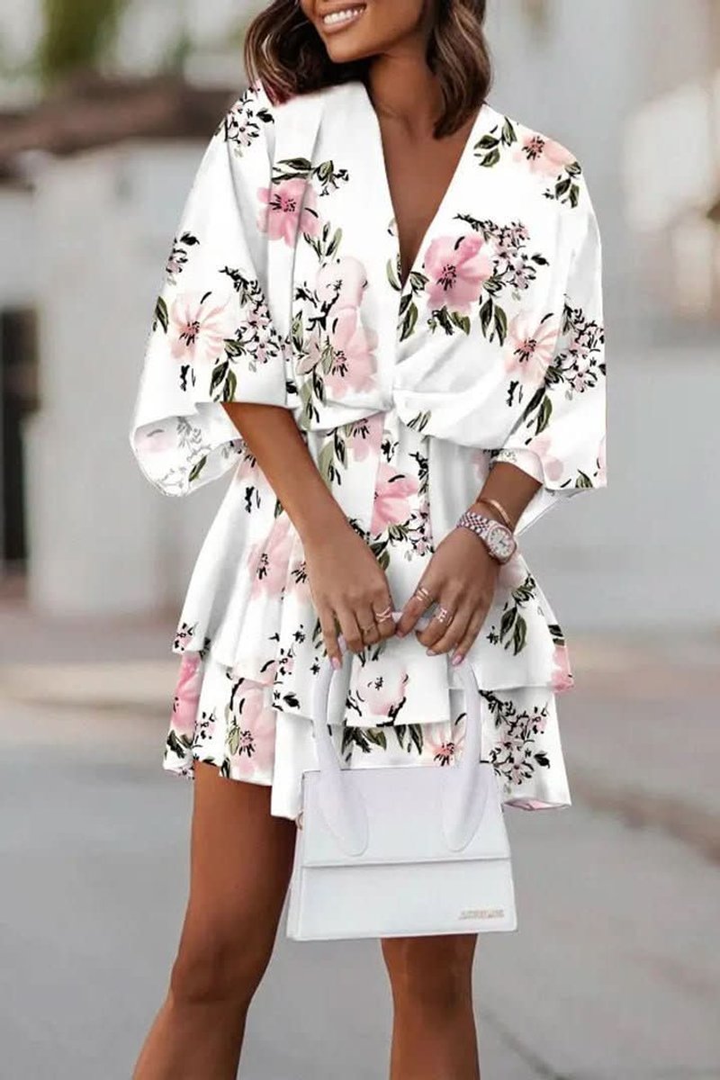 Women's Tropical Print Boho Mini Cocktail Dress Tiered Flared - White
