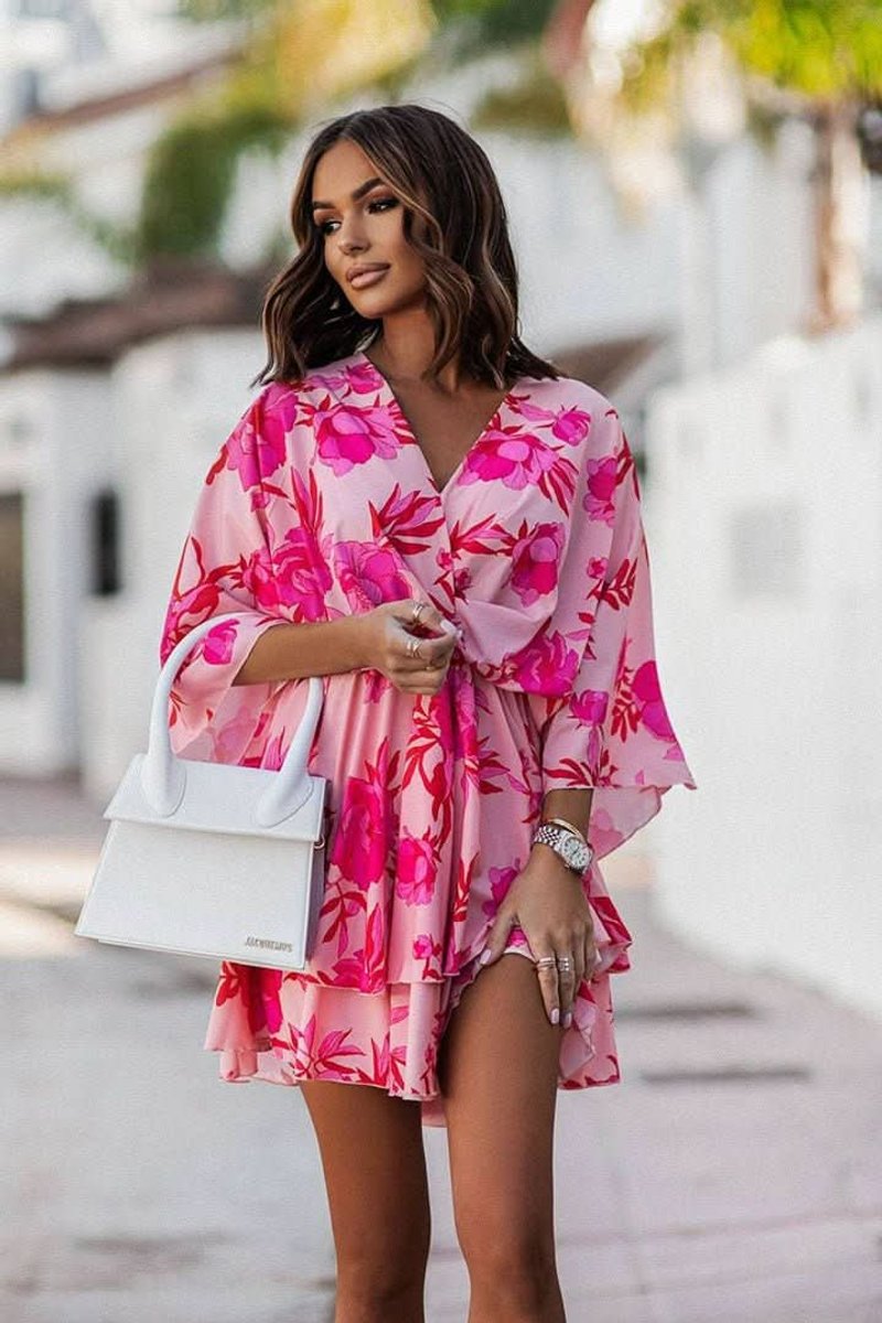 Women's Tropical Print Boho Mini Cocktail Dress Tiered Flared - Red