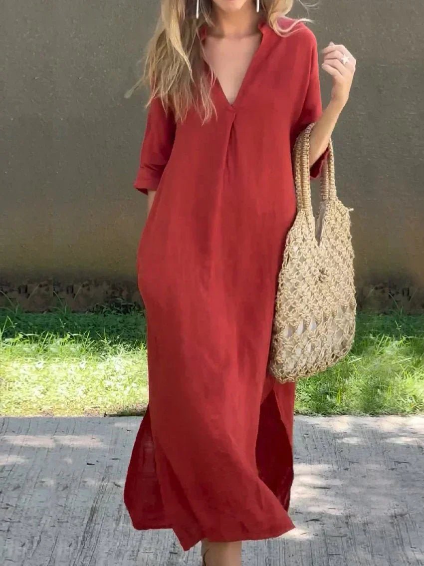 Women's V-Neck 3/4 Sleeve Relaxed-Fit Cotton Linen Maxi Dress - Red (Almost sold out)
