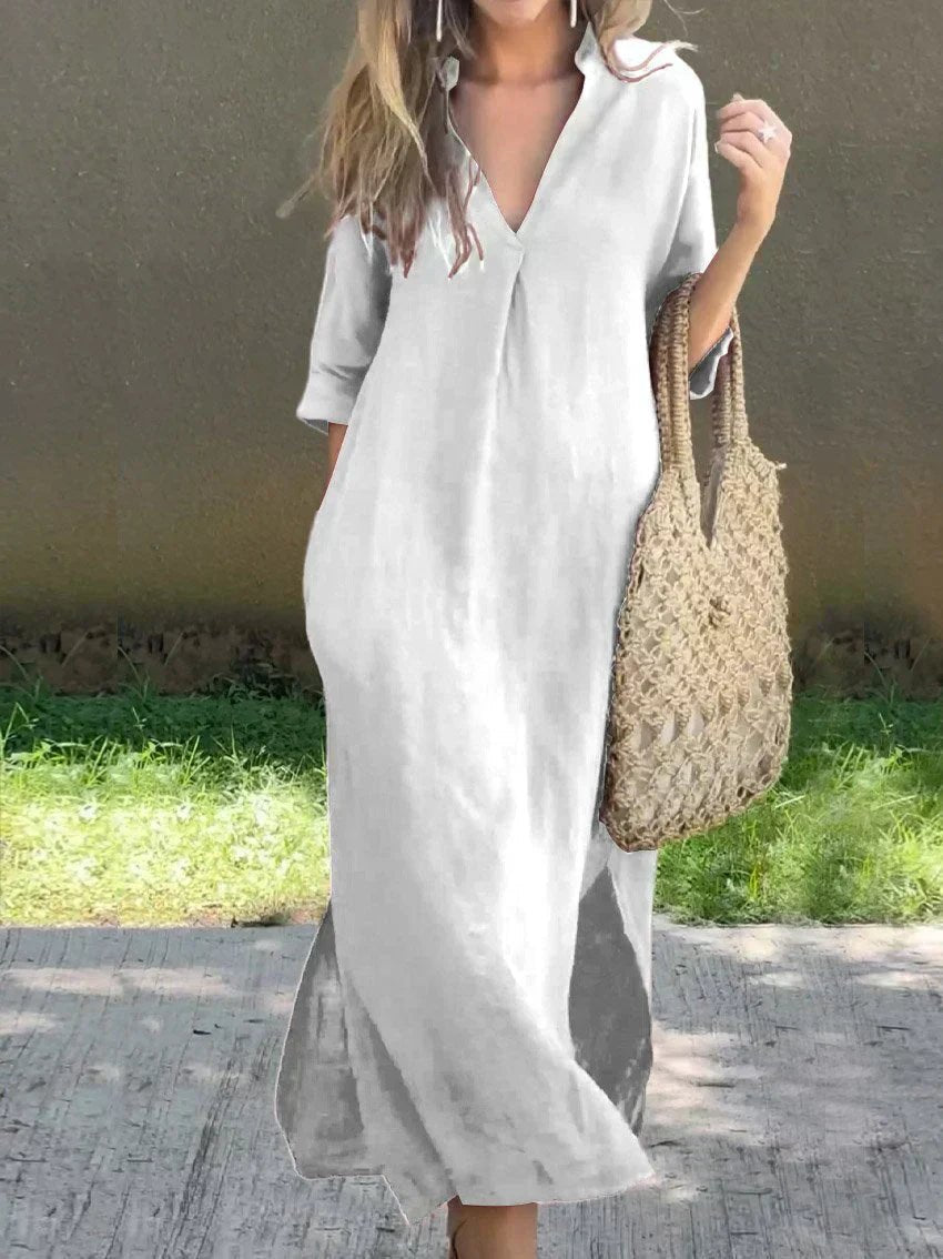 Women's V-Neck 3/4 Sleeve Relaxed-Fit Cotton Linen Maxi Dress - White