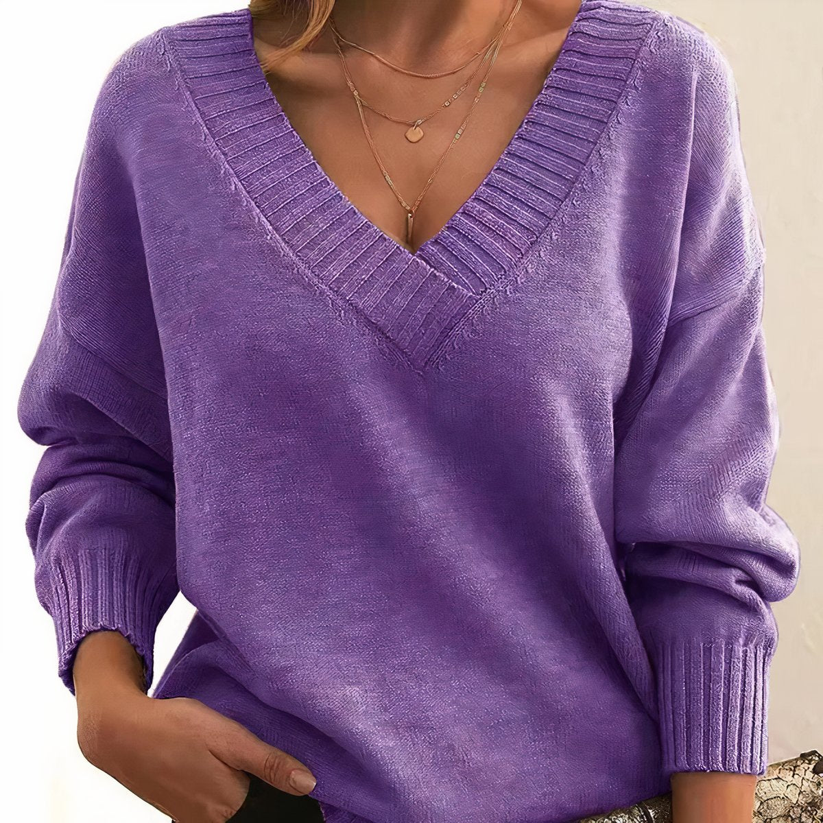 Women's V-Neck Long Sleeve Relaxed Knit Sweater - Purple