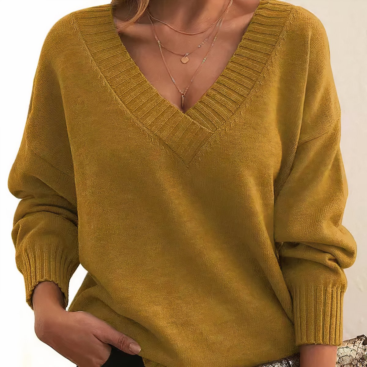 Women's V-Neck Long Sleeve Relaxed Knit Sweater - Gold