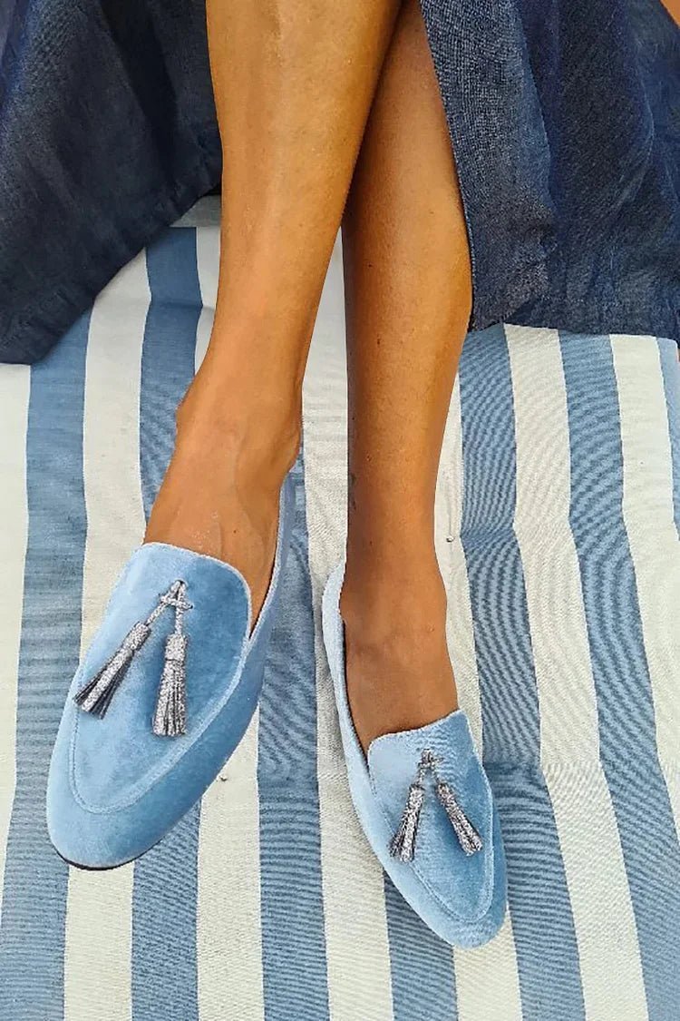 Women's Velvet Pointed-Toe Silver Tassel Slip-On Loafer Flats - Blue