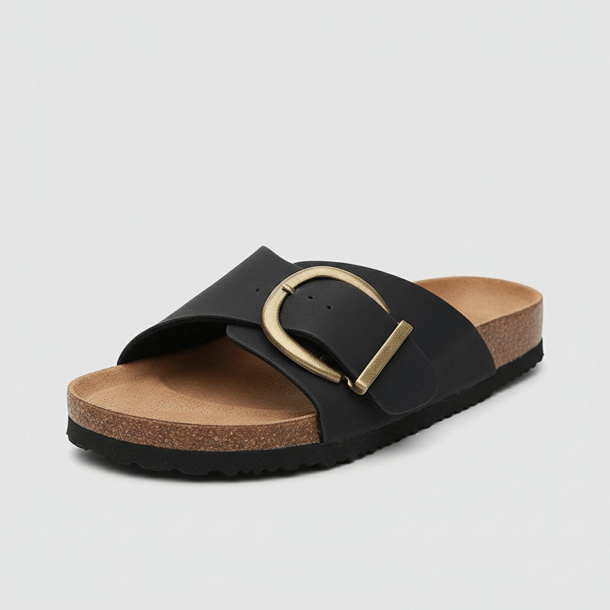 Women's Wide Strap Buckle Slip-On Comfortable Sandals Open Toe Flat - Midnight Black